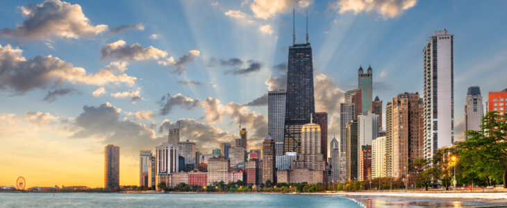 Chicago, Illinois, USA on Lake Michigan at dawn.