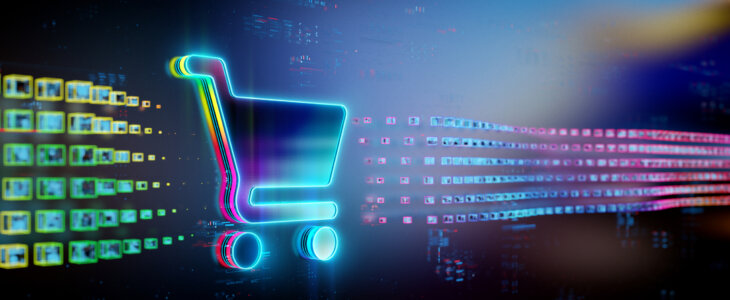 Digital cart icon on future tech background. Online shopping evolution. Futuristic shopping cart icon in world of technological progress and innovation. CGI 3D render