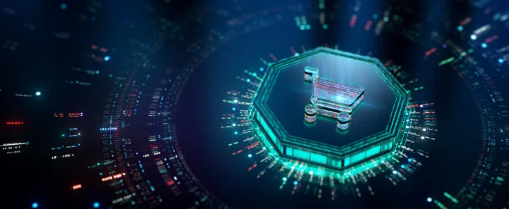 Online shopping futuristic background. Shopping cart icon holographic code. CGI 3D render