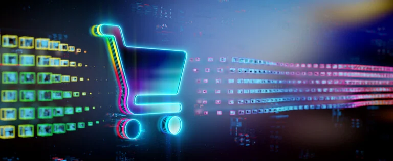 Digital cart icon on future tech background. Online shopping evolution. Futuristic shopping cart icon in world of technological progress and innovation. CGI 3D render