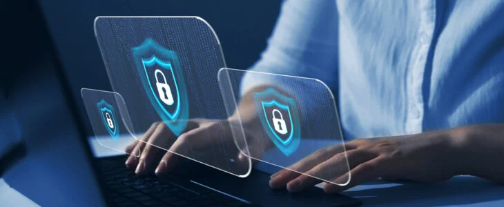 Cyber security firewall interface protection concept. Businesswoman protecting herself from cyber attacks. Personal data security and banking