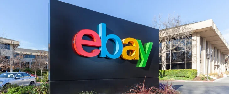 San Jose, California, USA - March 29, 2018: eBay sign at eBay 's headquarters in Silicon Valley. eBay Inc. is a multinational e-commerce corporation.
