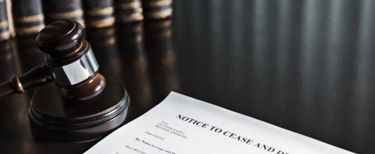 Close up of a cease and desist letter with a gavel and books.